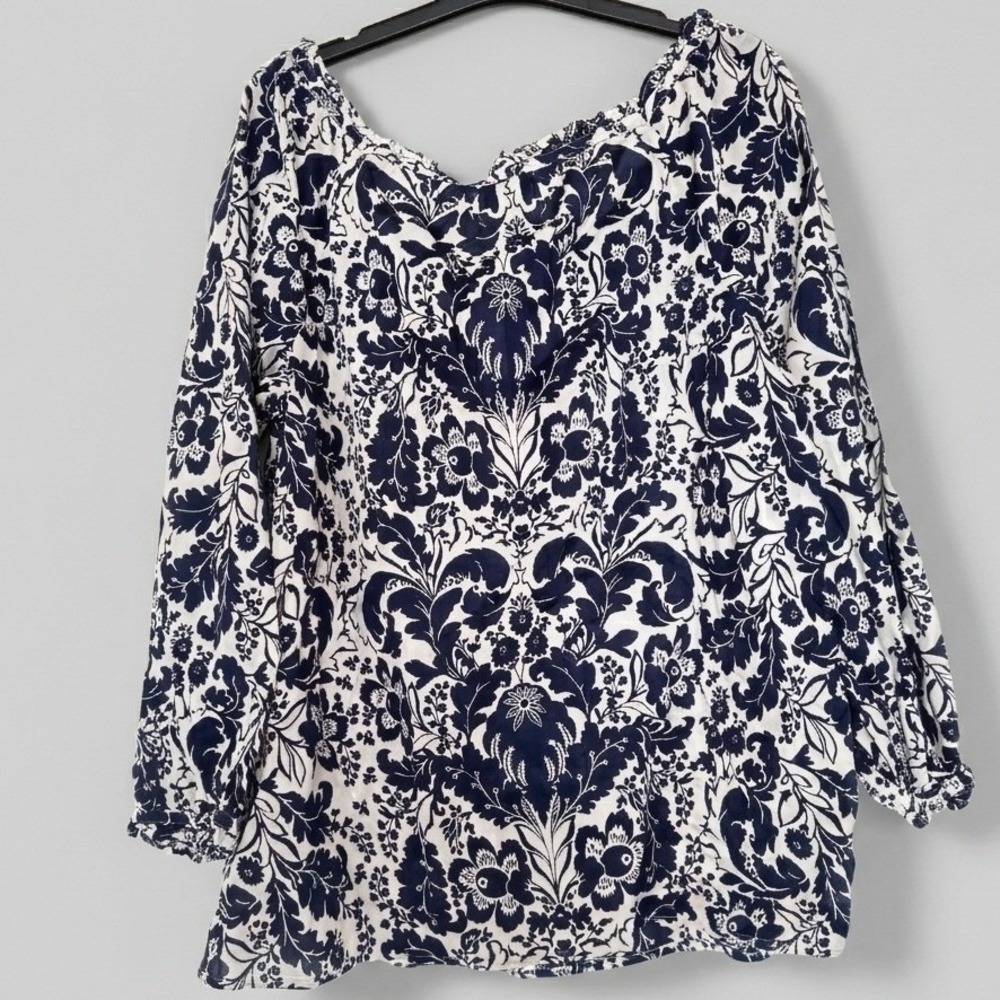 Navy Blue White Toile Floral Ruffle 100% Cotton Womens Blouse Large French